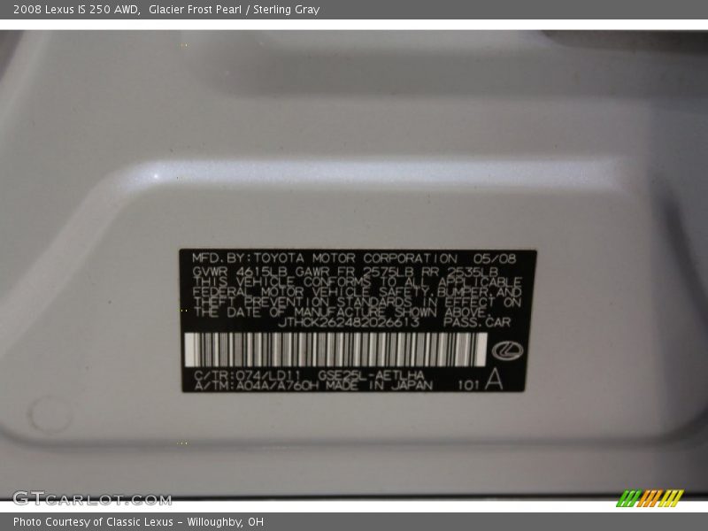 2008 IS 250 AWD Glacier Frost Pearl Color Code 074