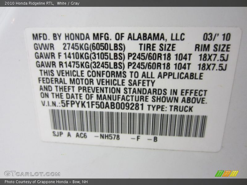 2010 Ridgeline RTL White Color Code NH578