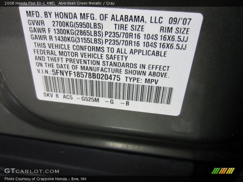 Aberdeen Green Metallic / Gray 2008 Honda Pilot EX-L 4WD