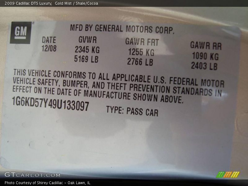 Gold Mist / Shale/Cocoa 2009 Cadillac DTS Luxury