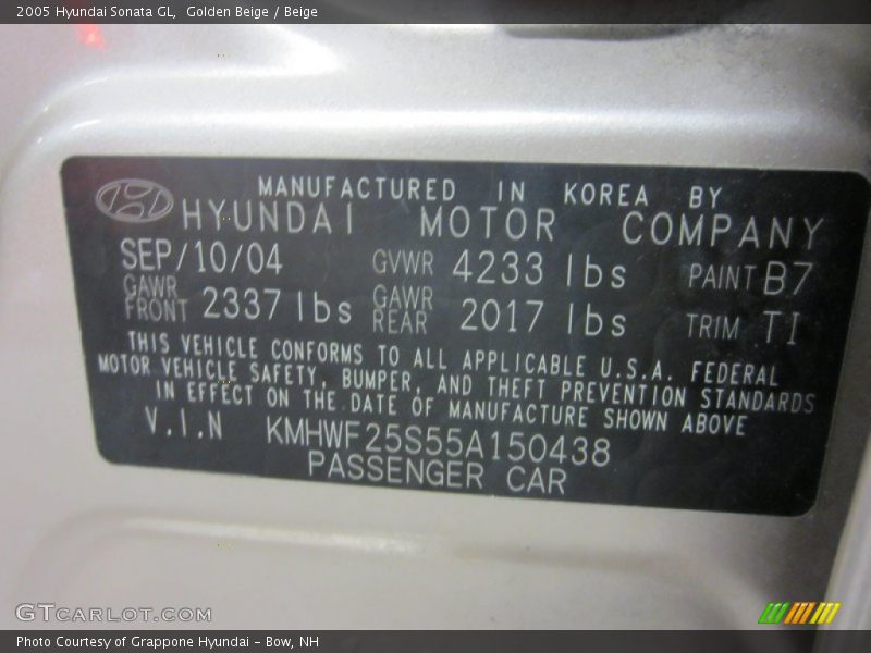 Golden Beige / Beige 2005 Hyundai Sonata GL