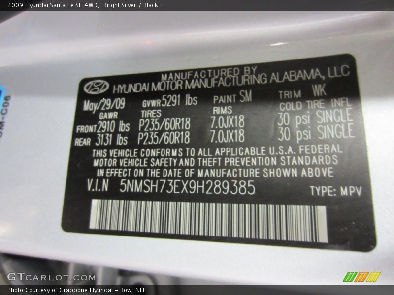 Bright Silver / Black 2009 Hyundai Santa Fe SE 4WD