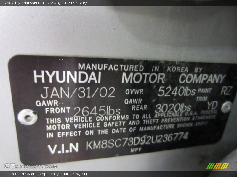 Pewter / Gray 2002 Hyundai Santa Fe LX AWD