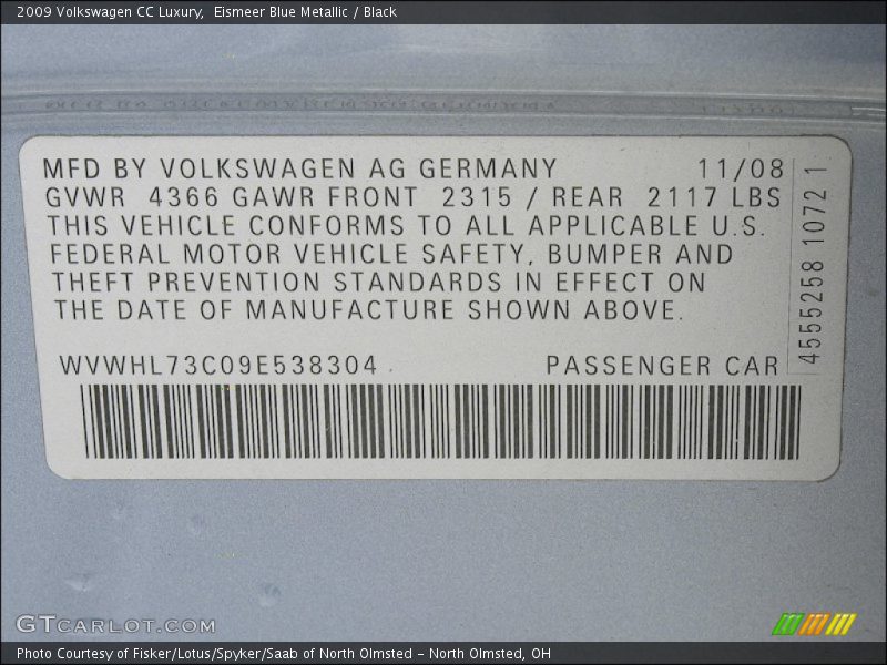 Eismeer Blue Metallic / Black 2009 Volkswagen CC Luxury