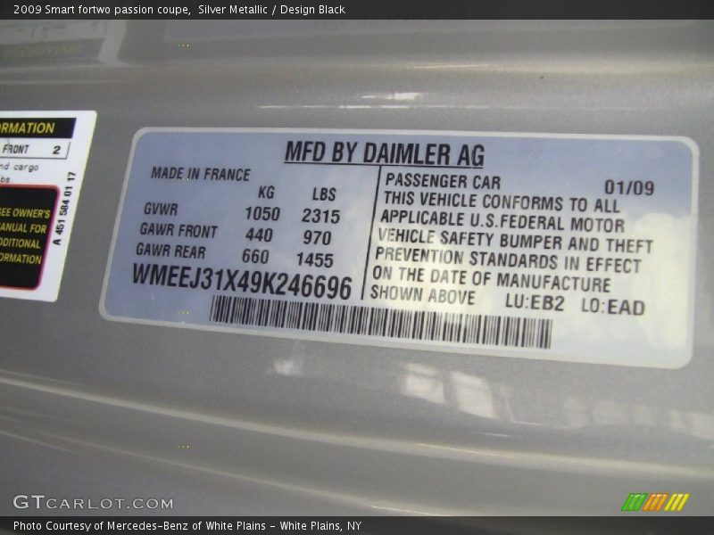 Info Tag of 2009 fortwo passion coupe