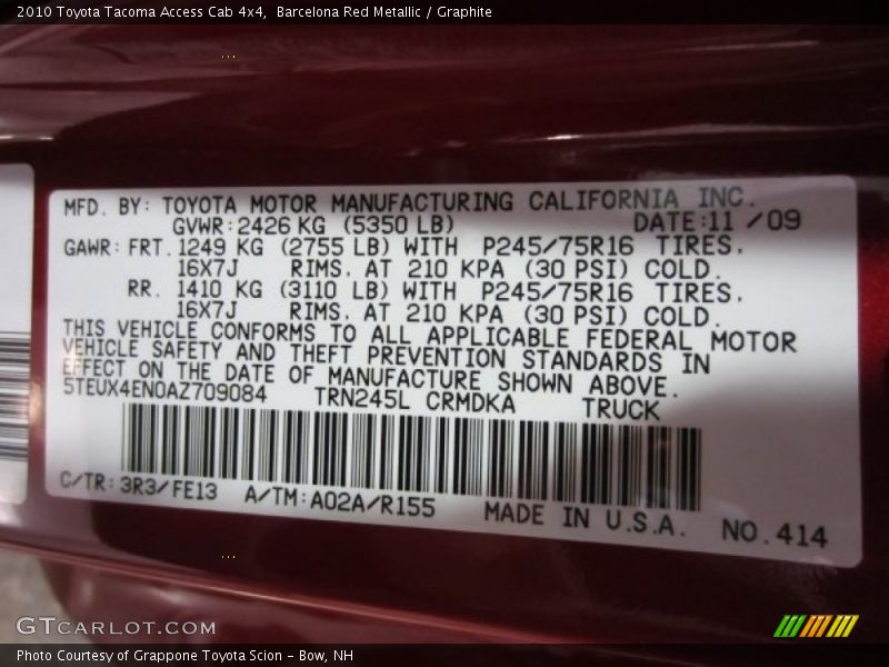 Barcelona Red Metallic / Graphite 2010 Toyota Tacoma Access Cab 4x4