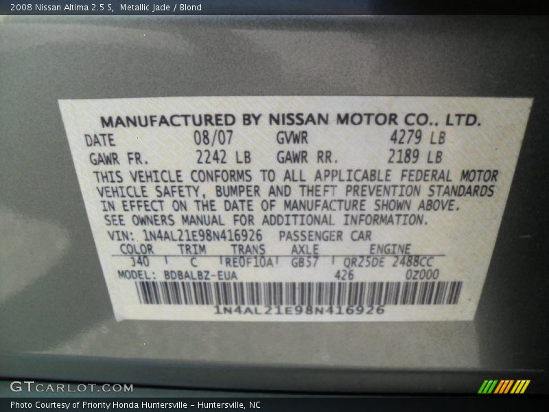 Metallic Jade / Blond 2008 Nissan Altima 2.5 S