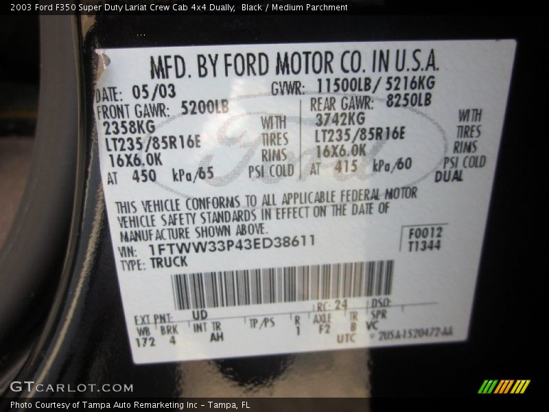 2003 F350 Super Duty Lariat Crew Cab 4x4 Dually Black Color Code UD