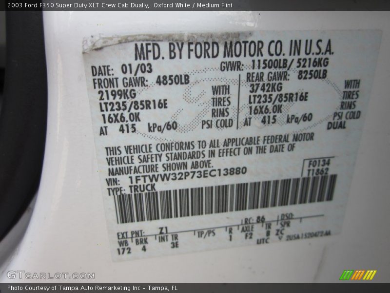 2003 F350 Super Duty XLT Crew Cab Dually Oxford White Color Code Z1