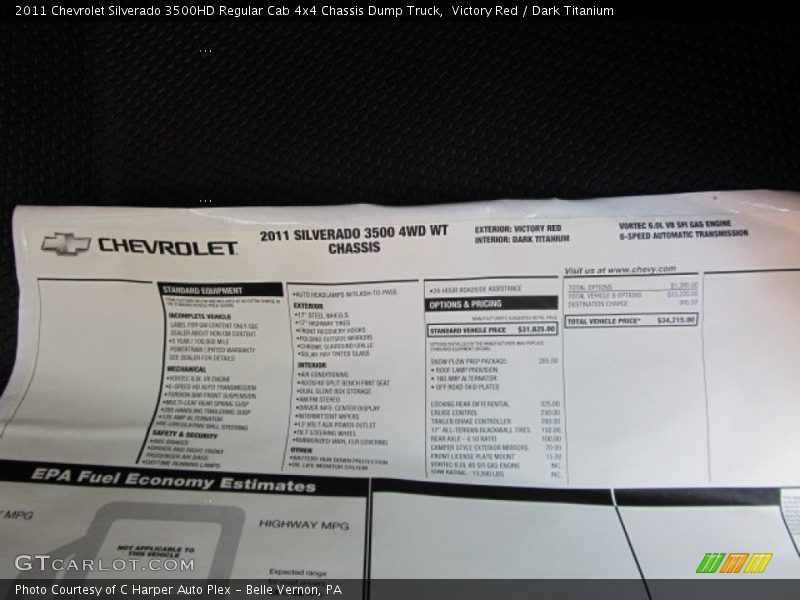  2011 Silverado 3500HD Regular Cab 4x4 Chassis Dump Truck Window Sticker