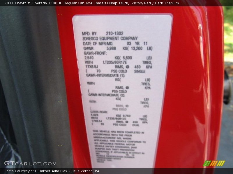 Info Tag of 2011 Silverado 3500HD Regular Cab 4x4 Chassis Dump Truck