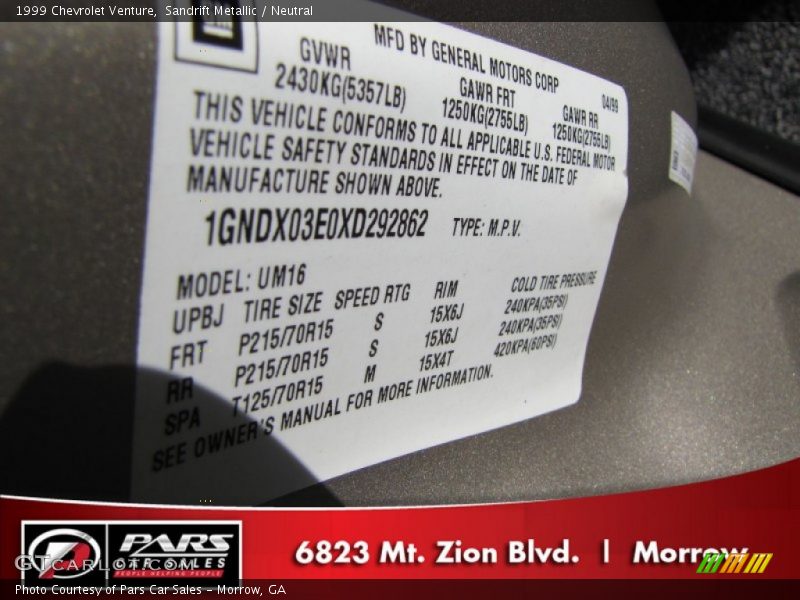 Sandrift Metallic / Neutral 1999 Chevrolet Venture