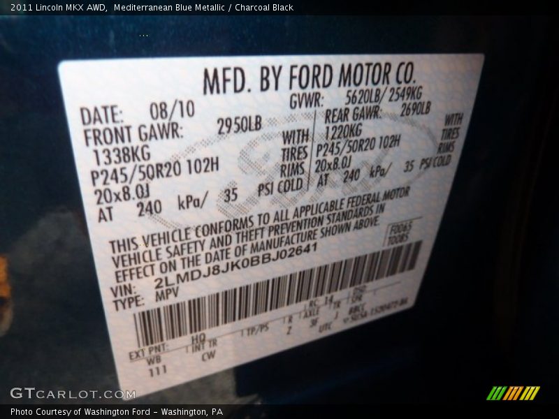 2011 MKX AWD Mediterranean Blue Metallic Color Code HQ