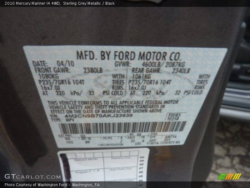 Sterling Grey Metallic / Black 2010 Mercury Mariner I4 4WD