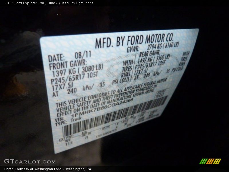 Black / Medium Light Stone 2012 Ford Explorer FWD