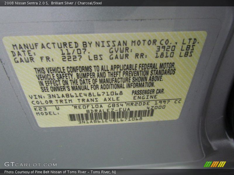 Brilliant Silver / Charcoal/Steel 2008 Nissan Sentra 2.0 S