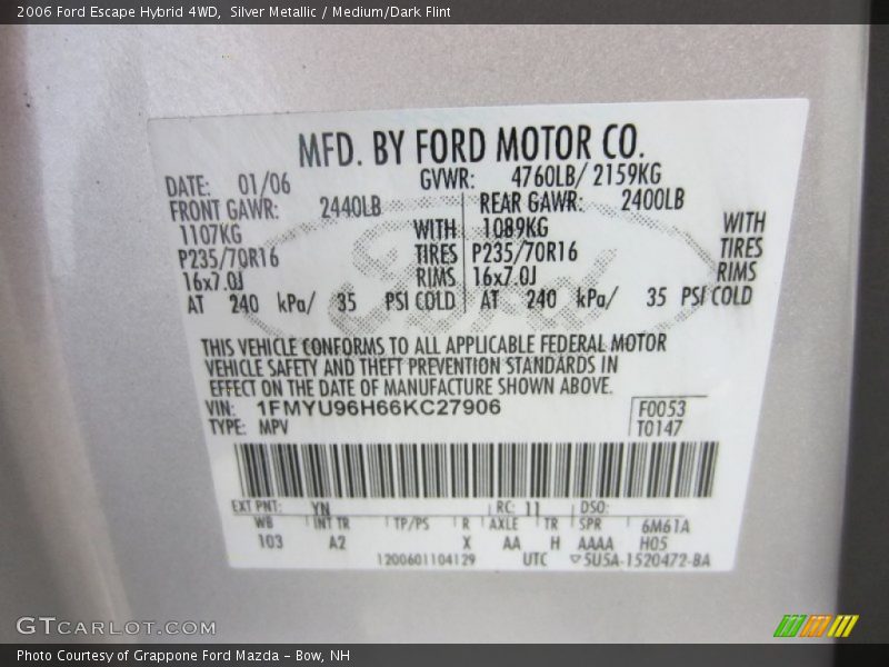 2006 Escape Hybrid 4WD Silver Metallic Color Code YN