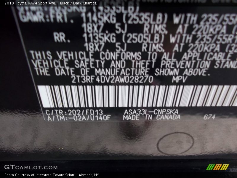 Black / Dark Charcoal 2010 Toyota RAV4 Sport 4WD