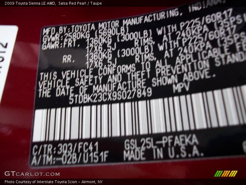 2009 Sienna LE AWD Salsa Red Pearl Color Code 3Q3