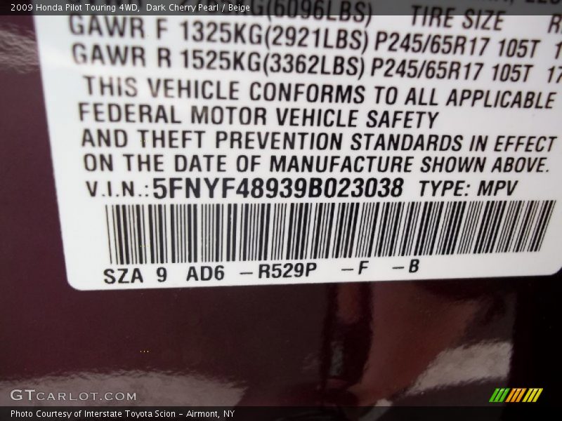 Dark Cherry Pearl / Beige 2009 Honda Pilot Touring 4WD
