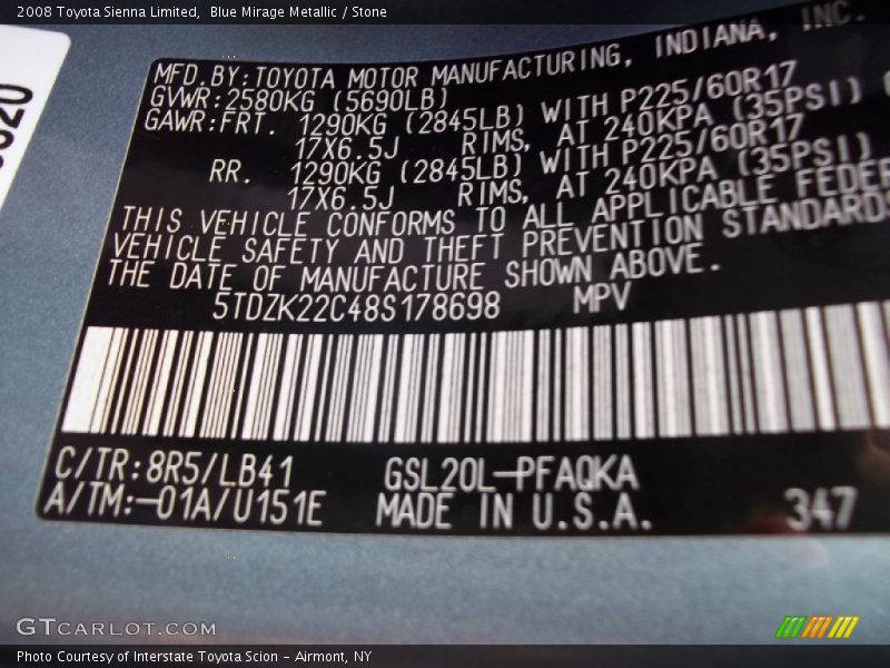 Blue Mirage Metallic / Stone 2008 Toyota Sienna Limited
