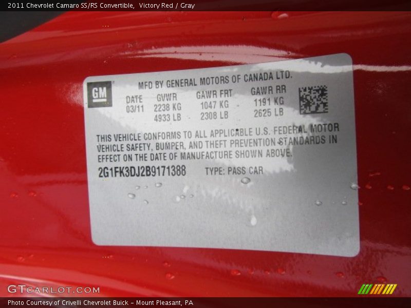Info Tag of 2011 Camaro SS/RS Convertible