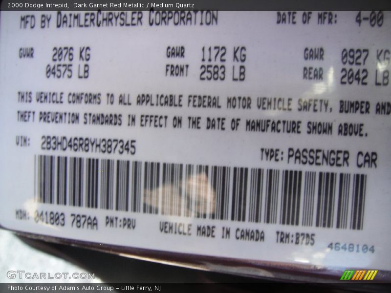 2000 Intrepid  Dark Garnet Red Metallic Color Code PRV