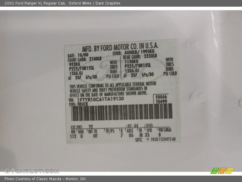 2001 Ranger XL Regular Cab Oxford White Color Code YZ