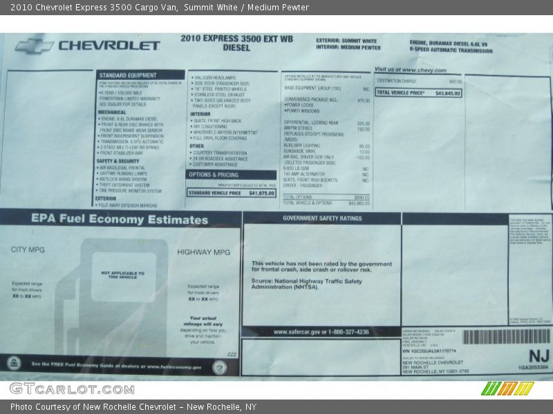  2010 Express 3500 Cargo Van Window Sticker