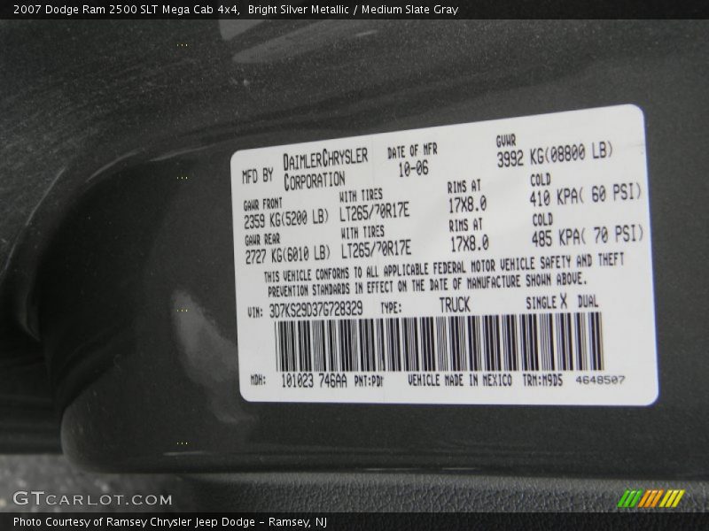 Bright Silver Metallic / Medium Slate Gray 2007 Dodge Ram 2500 SLT Mega Cab 4x4