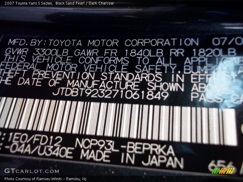 Black Sand Pearl / Dark Charcoal 2007 Toyota Yaris S Sedan