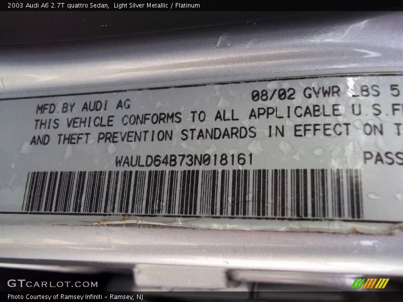 Light Silver Metallic / Platinum 2003 Audi A6 2.7T quattro Sedan