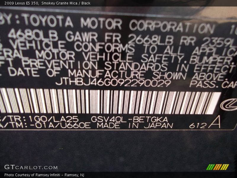 Smokey Granite Mica / Black 2009 Lexus ES 350