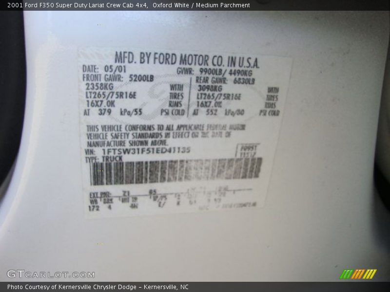 2001 F350 Super Duty Lariat Crew Cab 4x4 Oxford White Color Code Z1