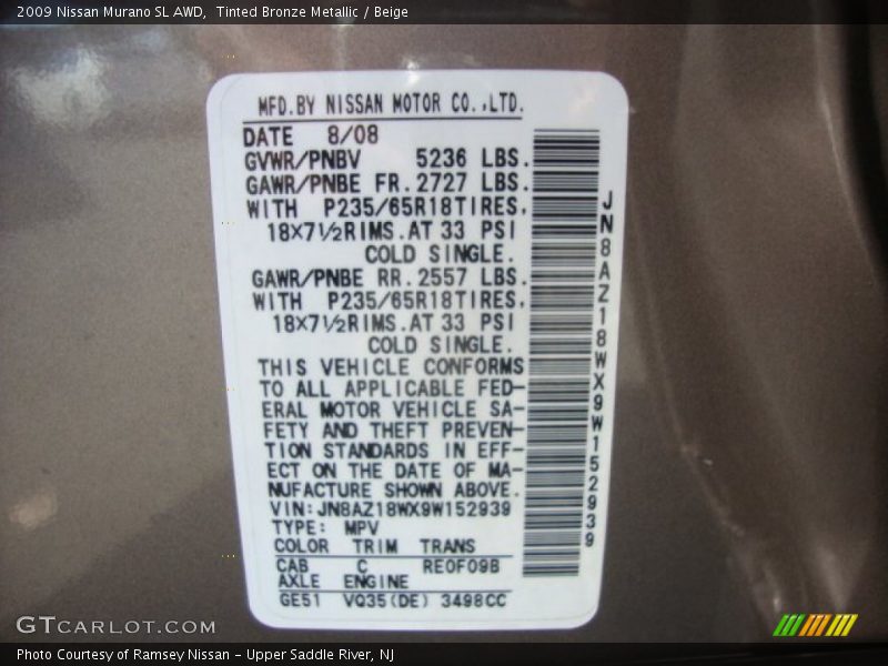 Tinted Bronze Metallic / Beige 2009 Nissan Murano SL AWD