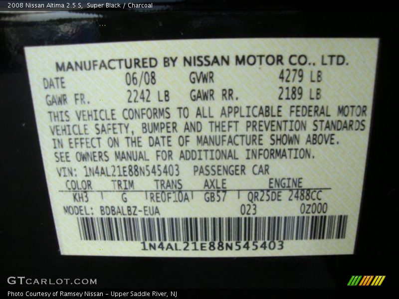 Super Black / Charcoal 2008 Nissan Altima 2.5 S