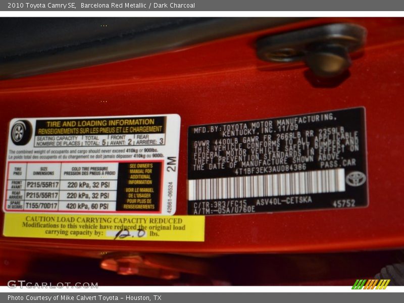 Barcelona Red Metallic / Dark Charcoal 2010 Toyota Camry SE