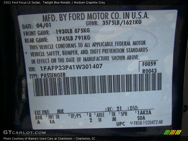 2001 Focus LX Sedan Twilight Blue Metallic Color Code MK