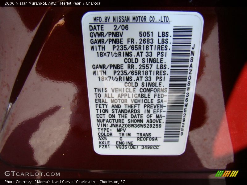Merlot Pearl / Charcoal 2006 Nissan Murano SL AWD
