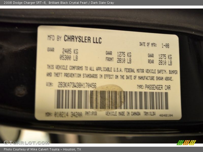 Info Tag of 2008 Charger SRT-8