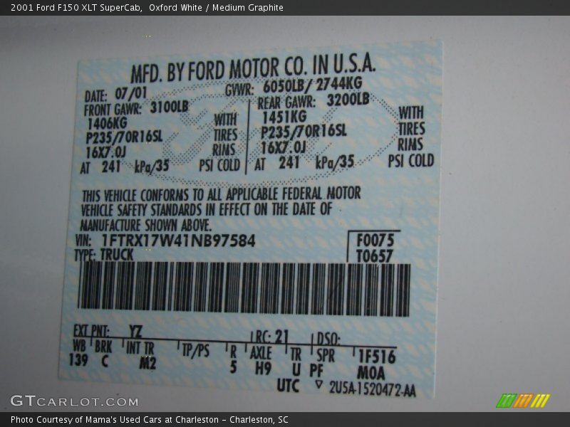 2001 F150 XLT SuperCab Oxford White Color Code YZ