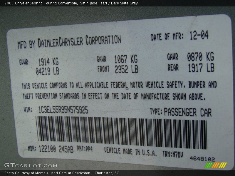 Satin Jade Pearl / Dark Slate Gray 2005 Chrysler Sebring Touring Convertible