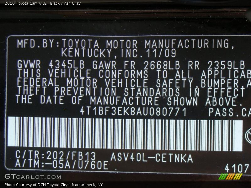 Black / Ash Gray 2010 Toyota Camry LE