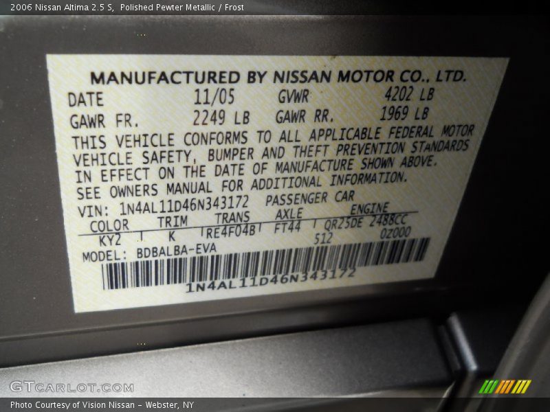 Polished Pewter Metallic / Frost 2006 Nissan Altima 2.5 S