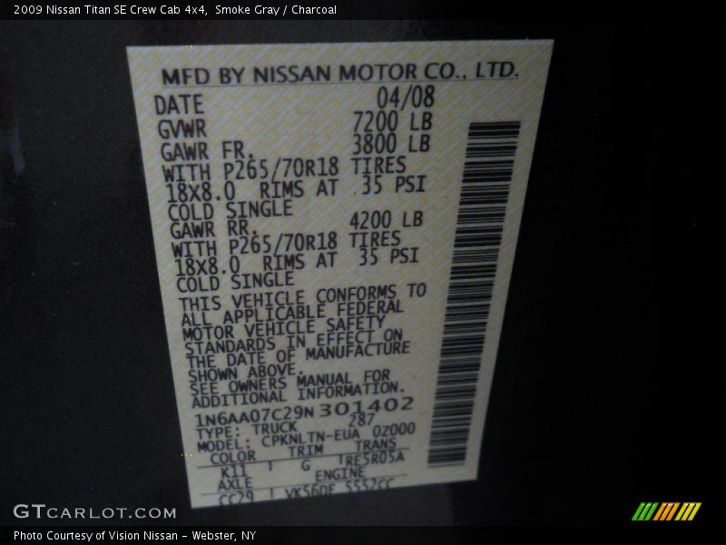 Smoke Gray / Charcoal 2009 Nissan Titan SE Crew Cab 4x4