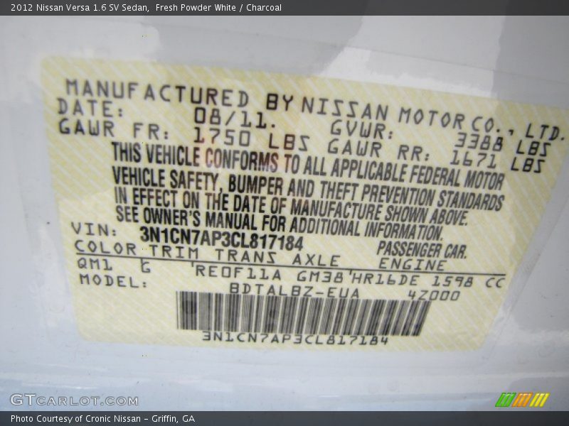 2012 Versa 1.6 SV Sedan Fresh Powder White Color Code QM1