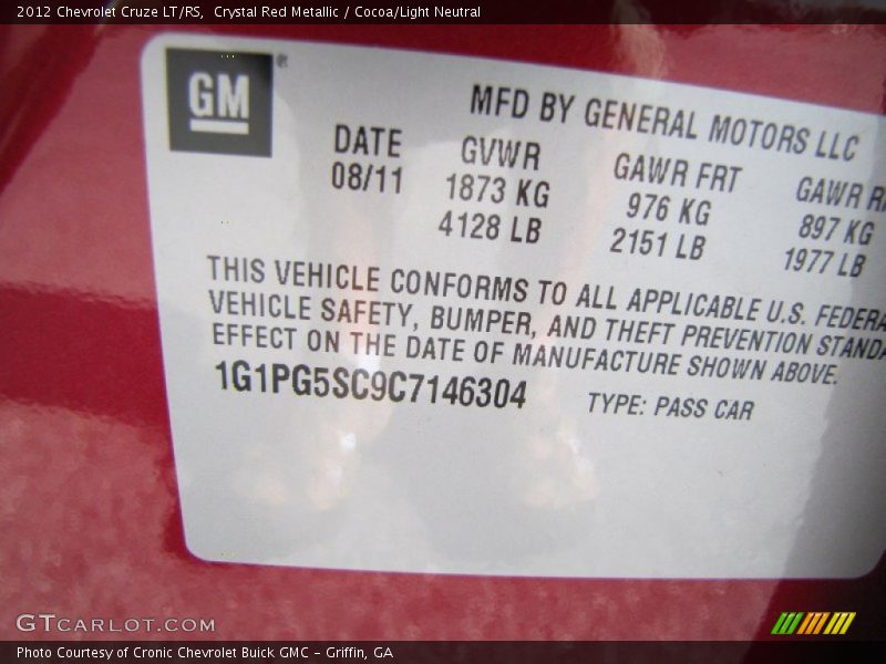 Info Tag of 2012 Cruze LT/RS