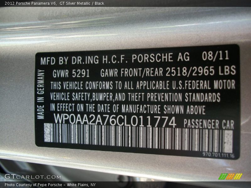 Info Tag of 2012 Panamera V6