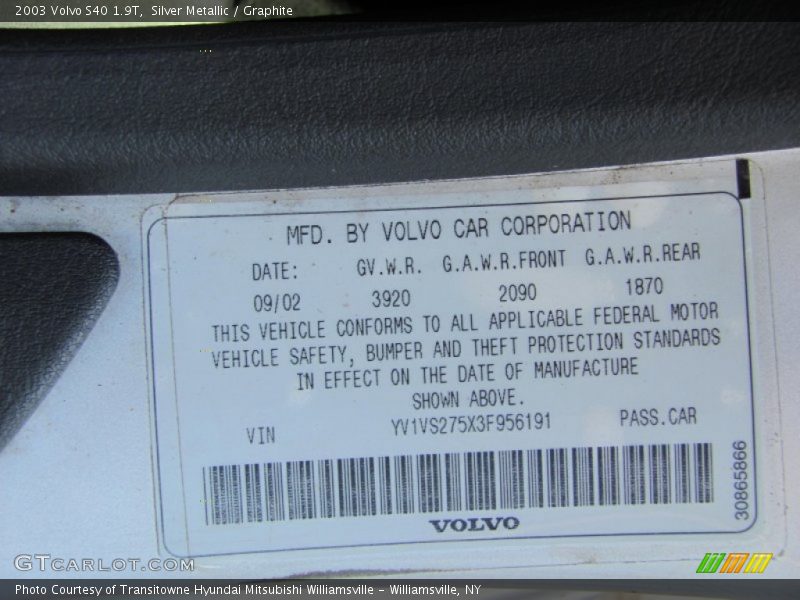 Silver Metallic / Graphite 2003 Volvo S40 1.9T