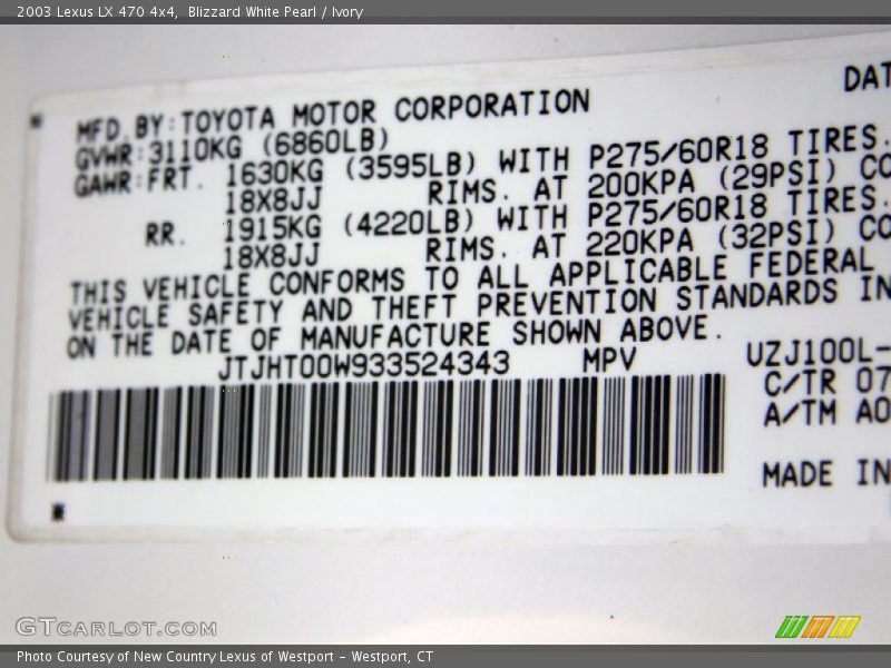 Blizzard White Pearl / Ivory 2003 Lexus LX 470 4x4